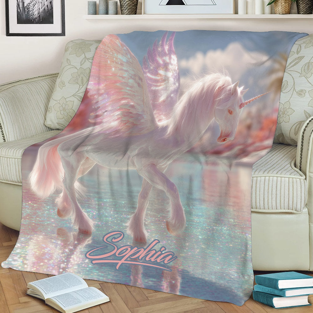 Fantasy unicorn throw blanket draped over a sofa with sparkling pastel artwork
