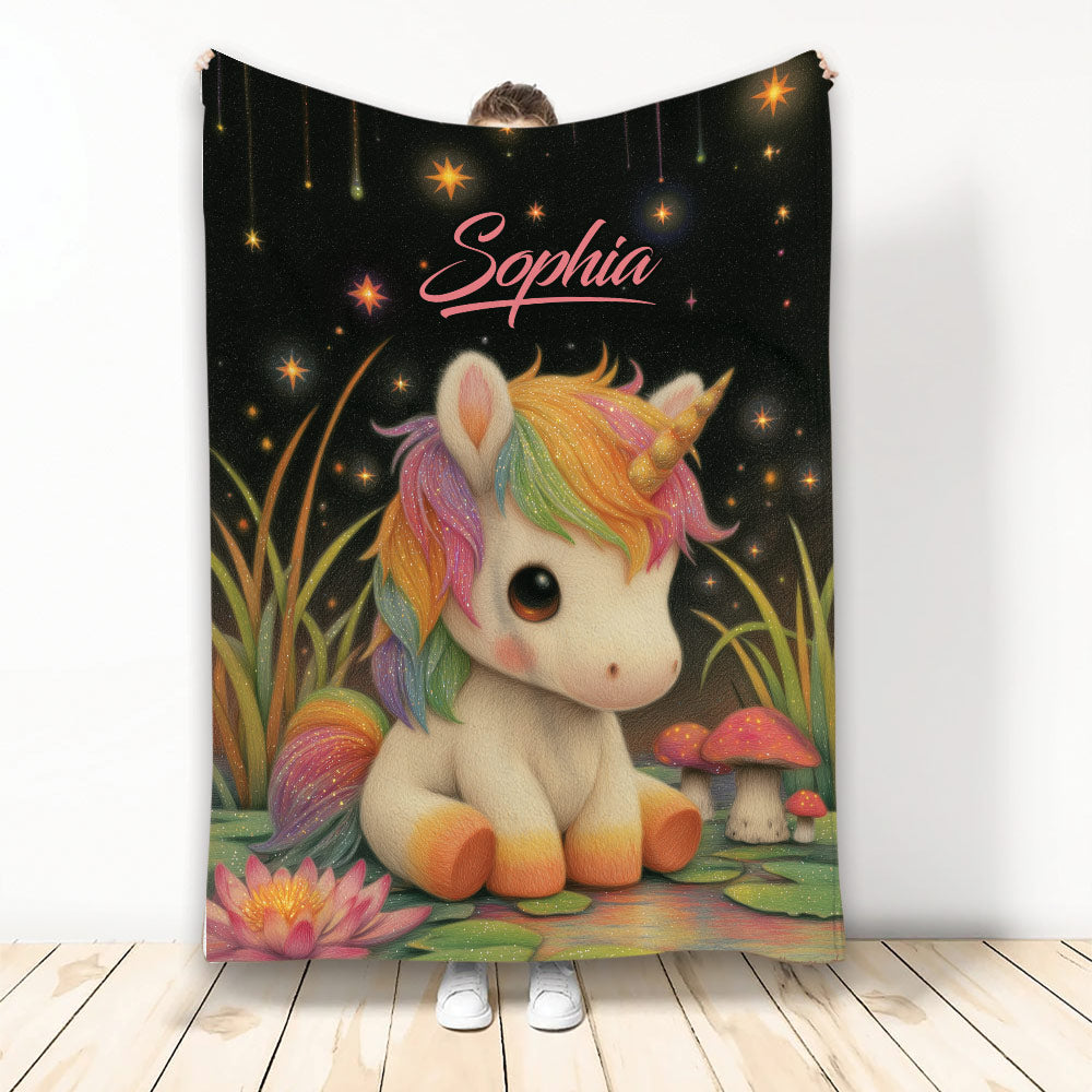 Colorful unicorn blanket displayed upright with stars, flowers, mushrooms, and a magical fantasy scene