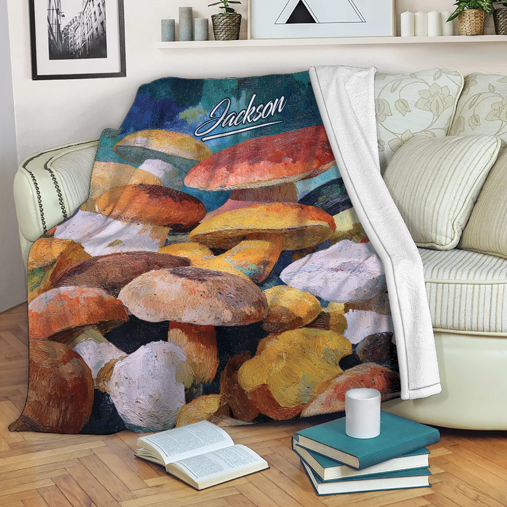 Colorful mushroom blanket draped over a sofa in a cozy reading room