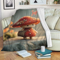 Mushroom character throw blanket draped over a sofa in a cozy reading room