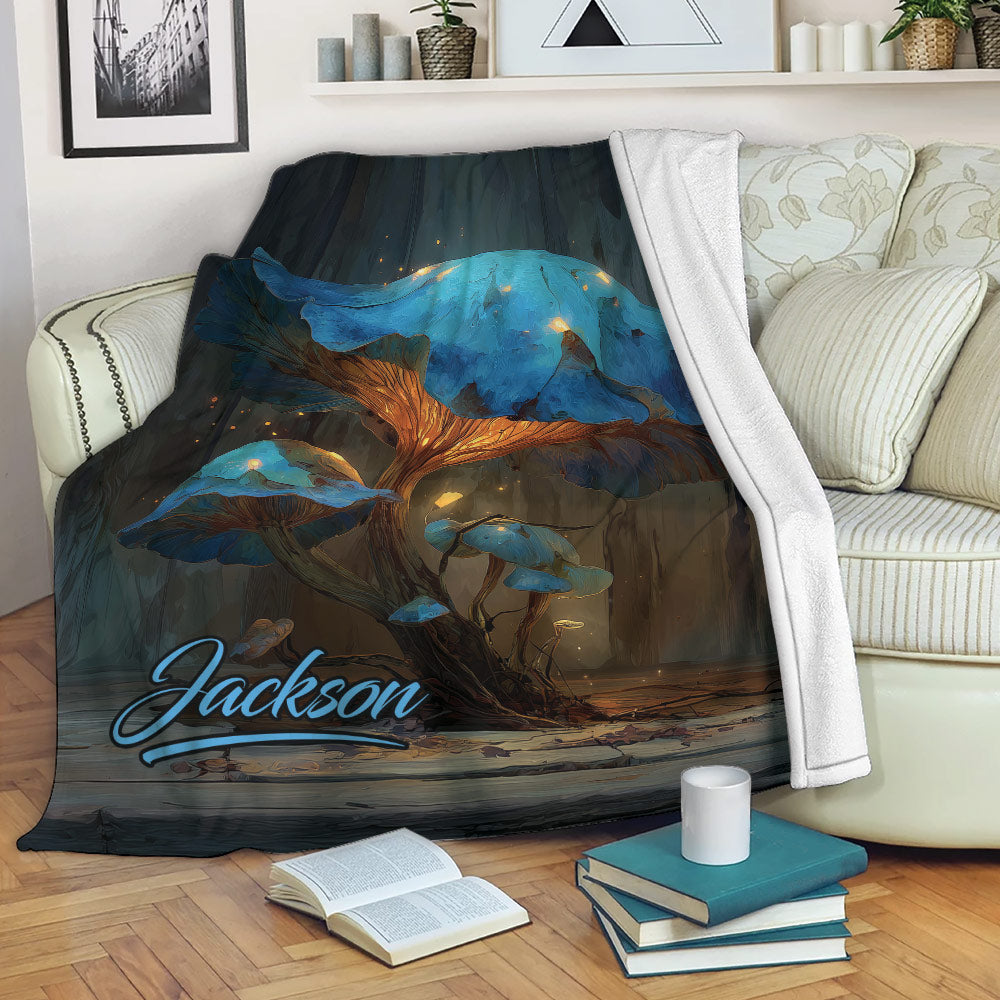 Mushroom blanket draped over a sofa with luminous blue fungi and forest artwork