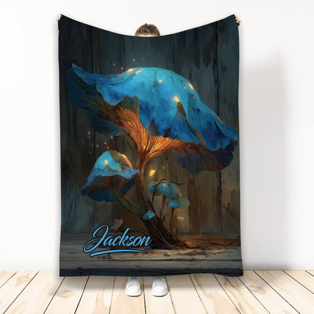 Mushroom throw blanket with glowing blue fungi and enchanted woodland artwork