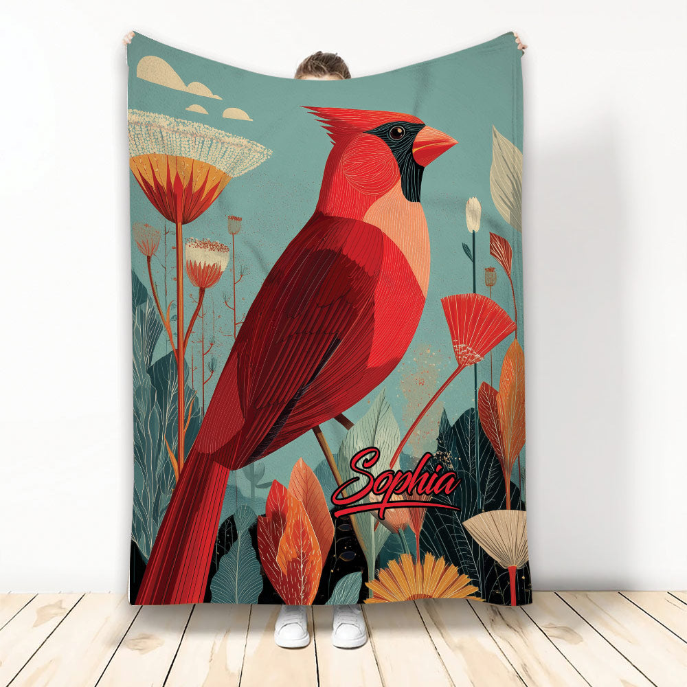 Red cardinal blanket with botanical foliage and muted teal background shown in a full product display