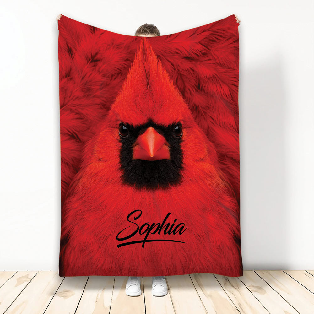Red cardinal throw blanket displayed with a close-up bird design in vivid red and black