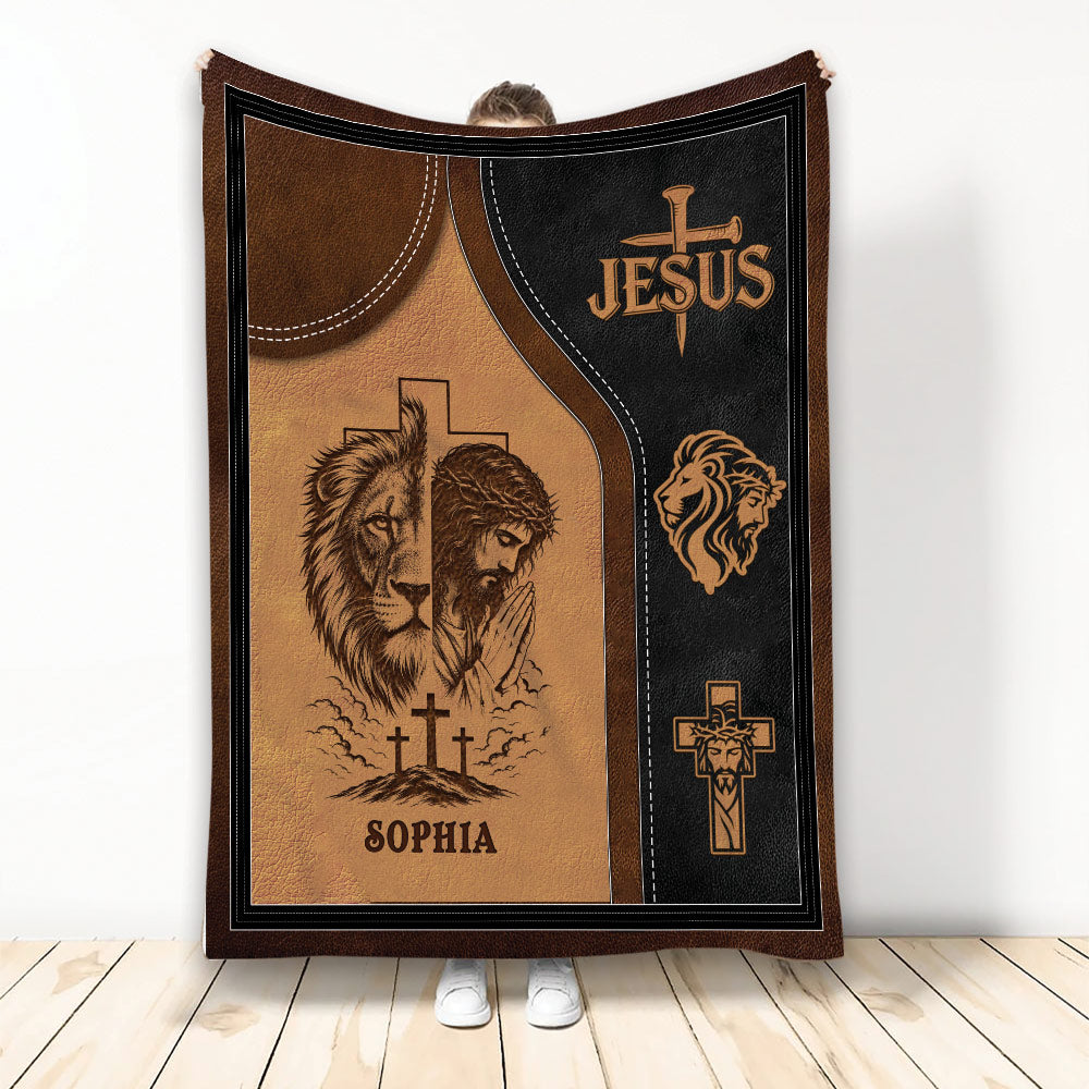 Christian throw blanket with Jesus, lion, cross, and warm brown and black religious artwork