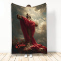 Christian throw blanket featuring Jesus on the cross beneath radiant clouds and dramatic red drapery