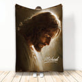 Christian blanket displaying a warm-toned depiction of Jesus surrounded by radiant light