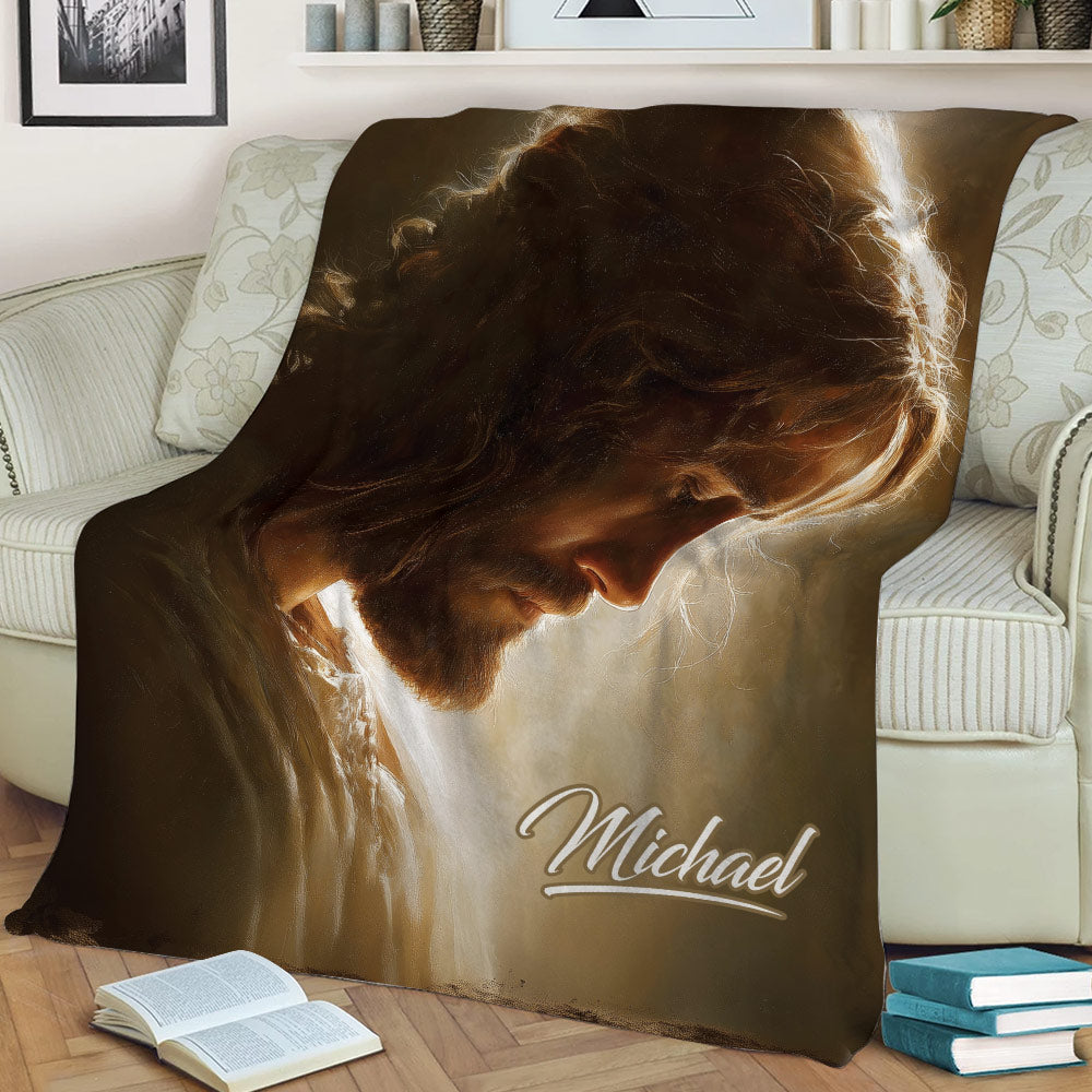 Jesus Christ Christian blanket draped across a sofa with peaceful golden artwork