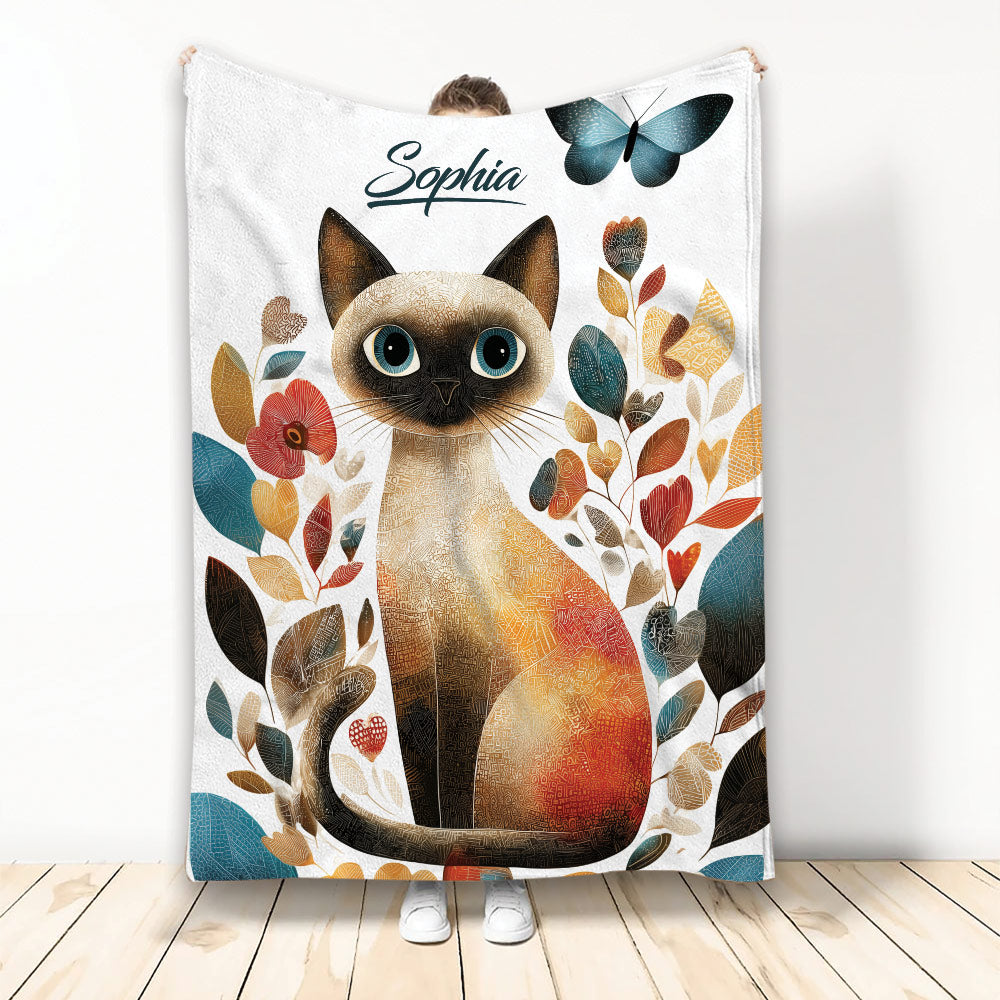 Siamese cat throw blanket displayed with colorful botanical flowers and butterfly artwork