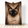 Siamese cat throw blanket featuring a close-up blue-eyed cat design in warm brown and cream tones