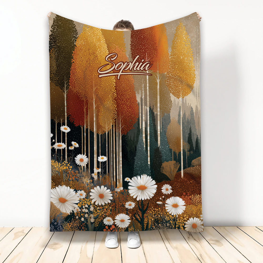 Autumn forest throw blanket with warm fall trees, white daisies, and woodland artwork