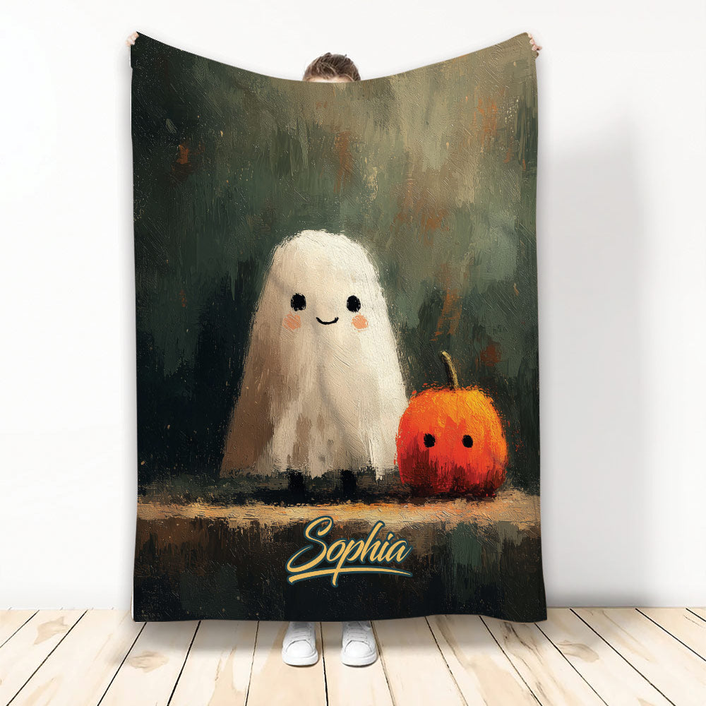 Halloween throw blanket with a cute smiling ghost and pumpkin in a dark painterly forest scene