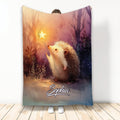 Hedgehog throw blanket featuring a whimsical woodland scene, glowing star, and warm watercolor colors
