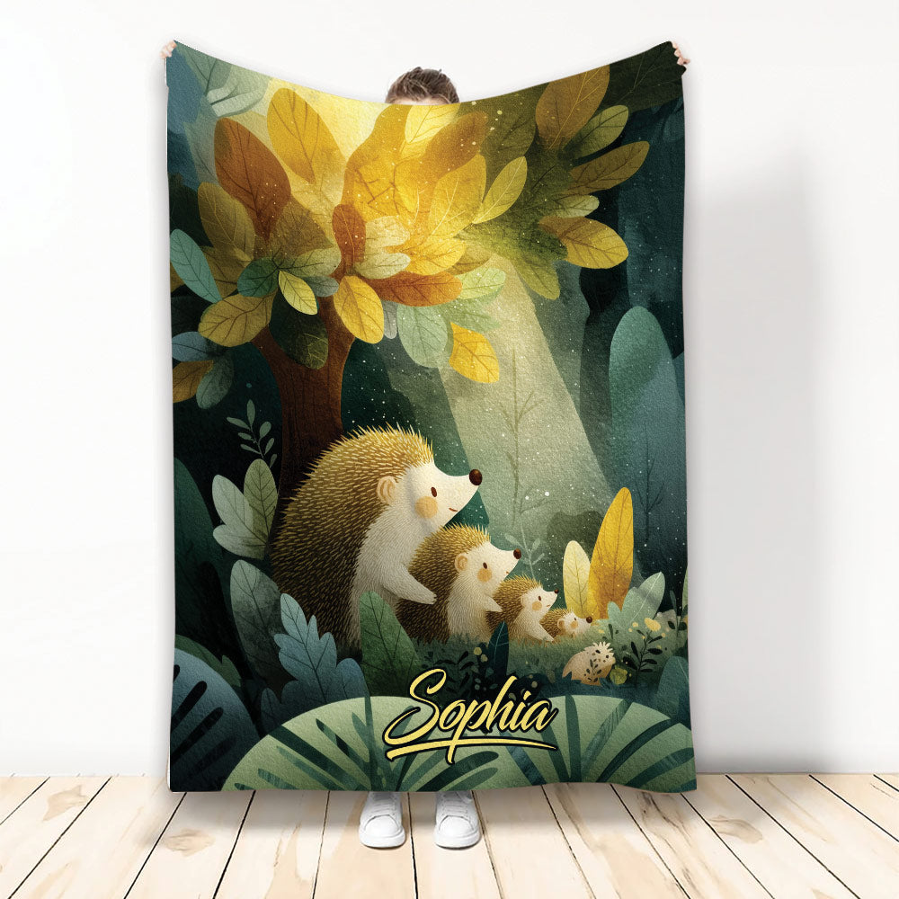 Hedgehog family blanket with forest leaves and colorful woodland artwork