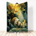 Hedgehog family blanket with forest leaves and colorful woodland artwork