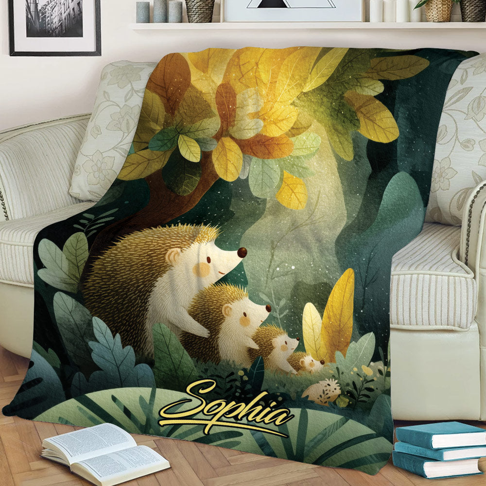 Close view of hedgehogs walking through a warm autumn forest blanket design