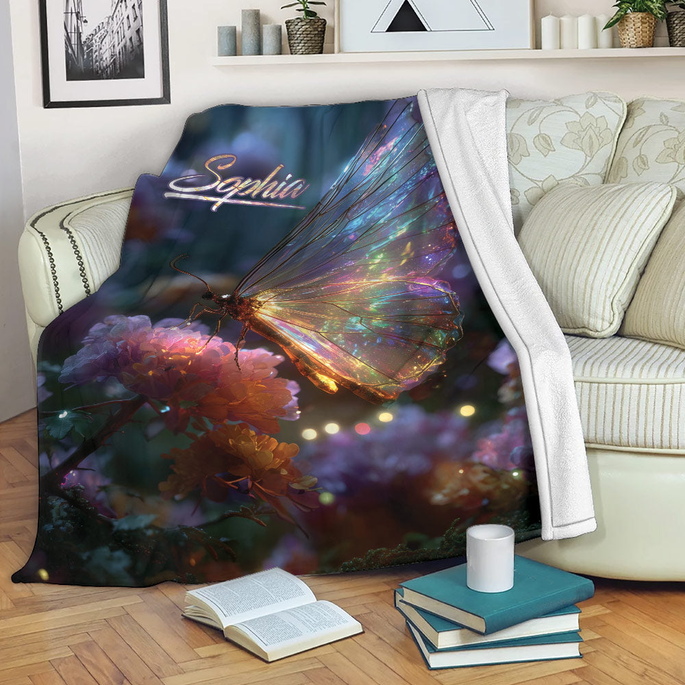 Iridescent butterfly throw blanket draped over a sofa with colorful floral artwork and a cozy reading setting