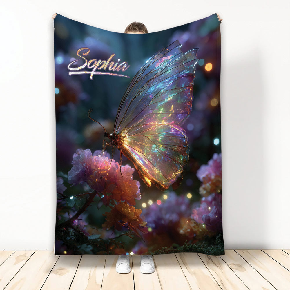 Iridescent butterfly blanket with glowing wings, colorful flowers, and a dark luminous garden background
