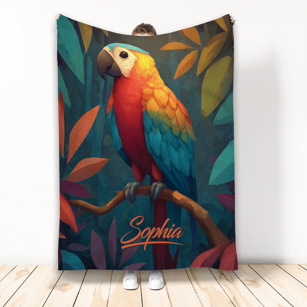 Colorful parrot throw blanket with tropical foliage artwork displayed vertically