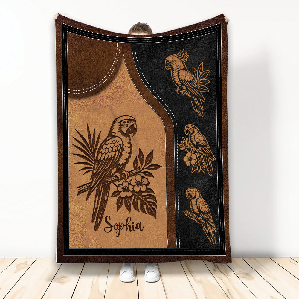 Parrot throw blanket with vintage tropical bird artwork in brown, black, and warm tan tones