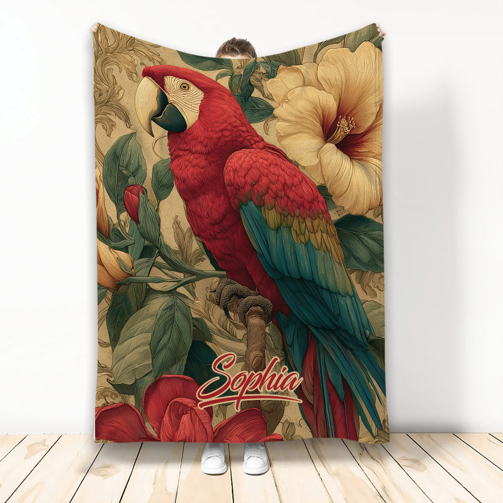 Parrot throw blanket featuring a colorful macaw surrounded by tropical flowers and leafy botanical artwork