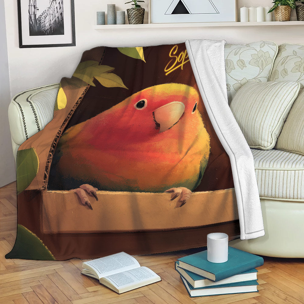 Colorful parrot throw blanket draped over a sofa in a cozy living room