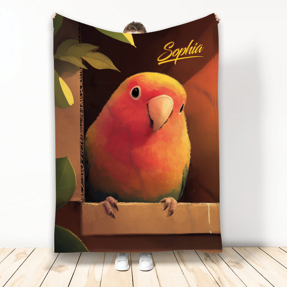 Colorful parrot blanket displayed upright with tropical leaves and warm sunset-inspired artwork