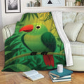 Parrot blanket draped over a sofa with vivid green tropical bird artwork