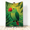 Green parrot throw blanket featuring a bright red beak and tropical leafy artwork