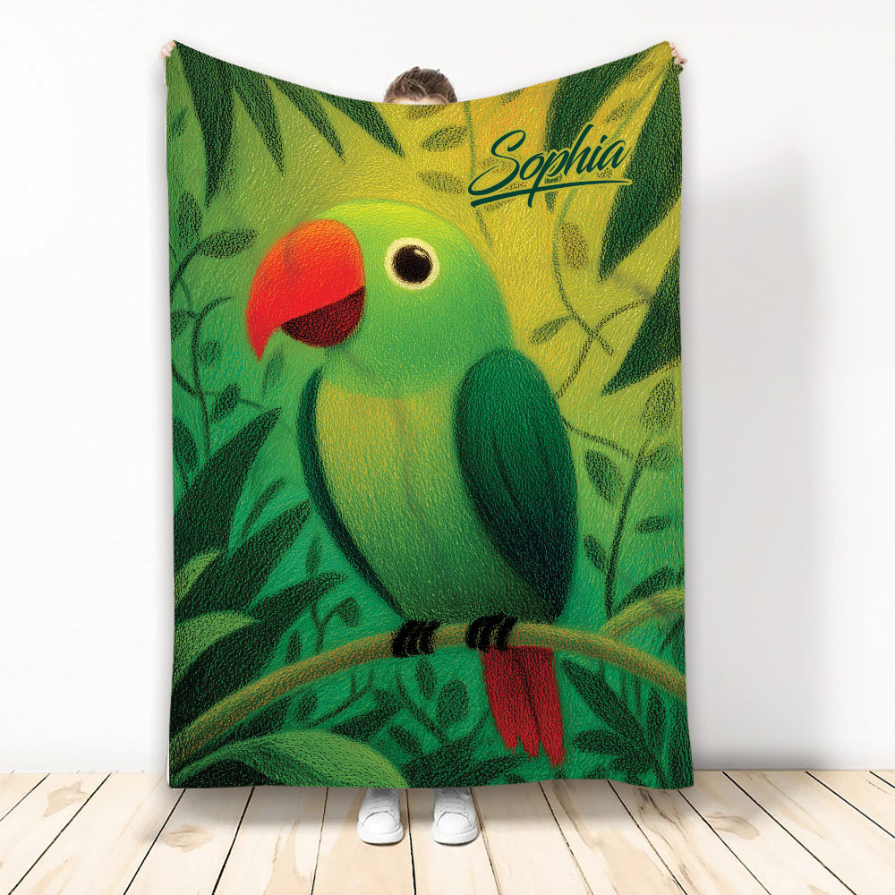 Green parrot throw blanket featuring a bright red beak and tropical leafy artwork