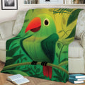 Colorful green parrot throw blanket styled on a sofa beside books