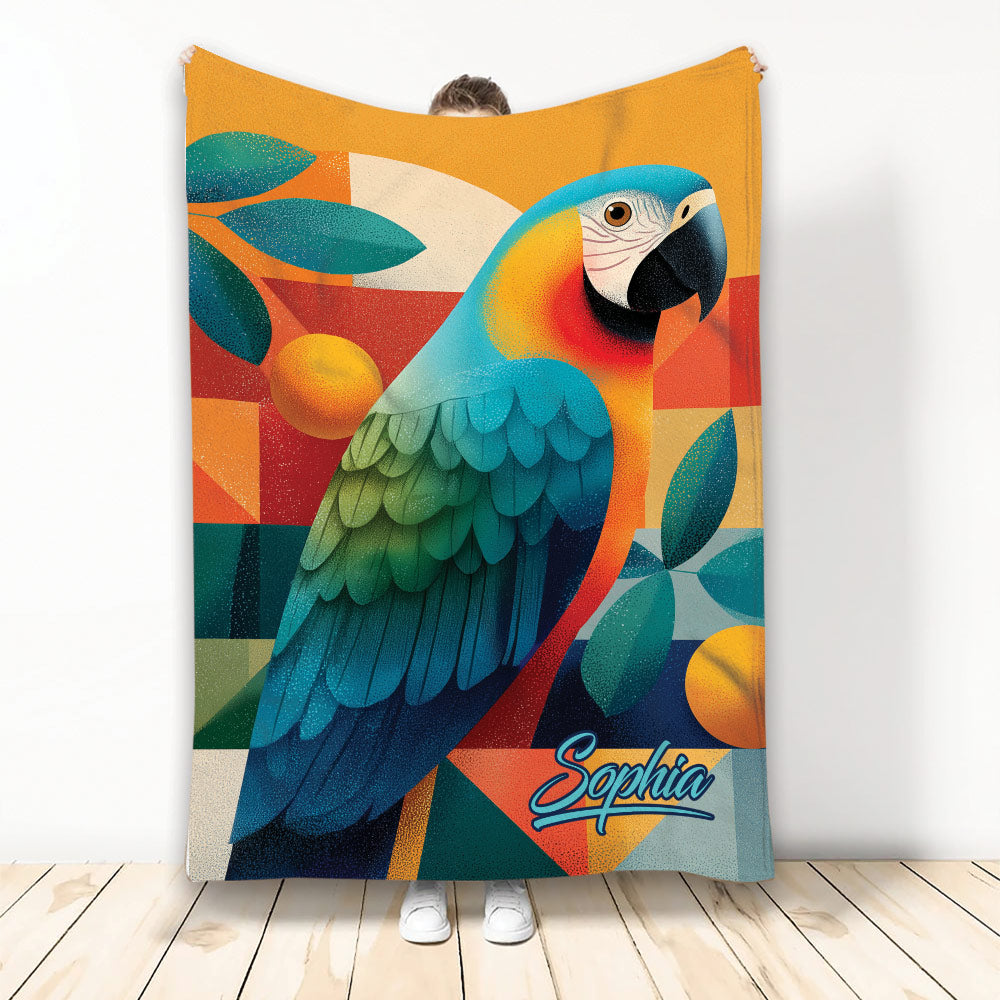 Colorful parrot throw blanket with tropical leaves, geometric artwork, and vibrant blue, green, orange, and red tones