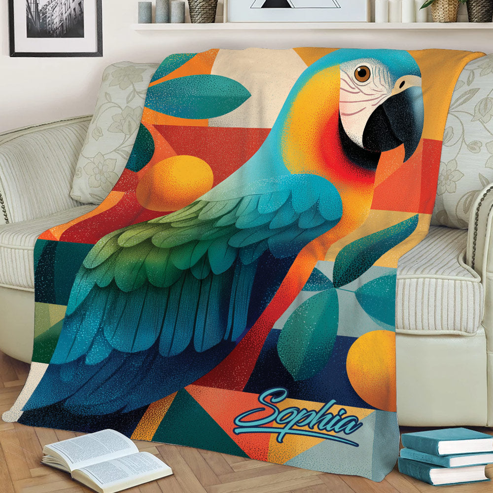 Vibrant parrot throw blanket displayed on a sofa with tropical leaves, citrus accents, and colorful abstract artwork