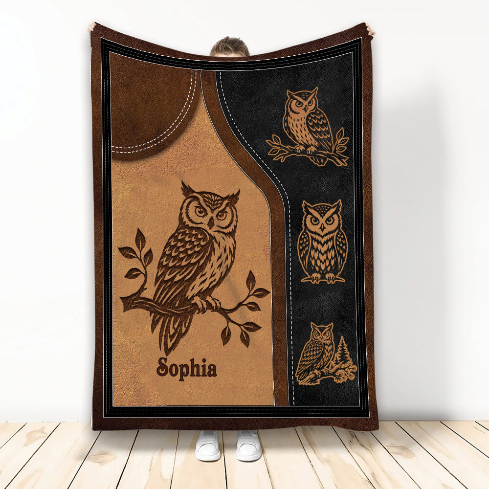 Rustic owl blanket with vintage leather-look artwork and multiple owls perched on branches