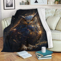 Mystical owl blanket draped over a sofa with glowing artwork, books, and a cozy reading setting