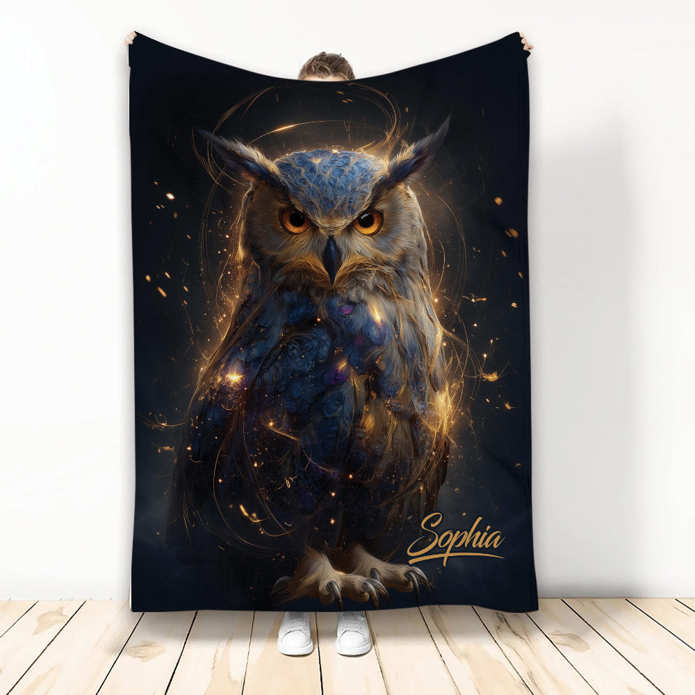 Mystical owl throw blanket displayed vertically with glowing gold accents on a dark blue background