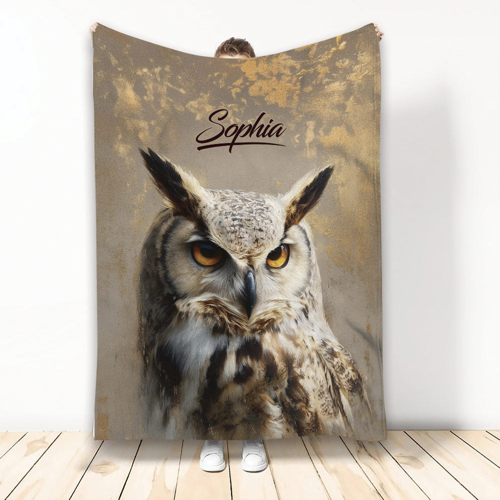 Owl throw blanket featuring a detailed close-up owl portrait in warm brown, cream, and gold tones