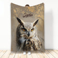 Owl throw blanket featuring a detailed close-up owl portrait in warm brown, cream, and gold tones
