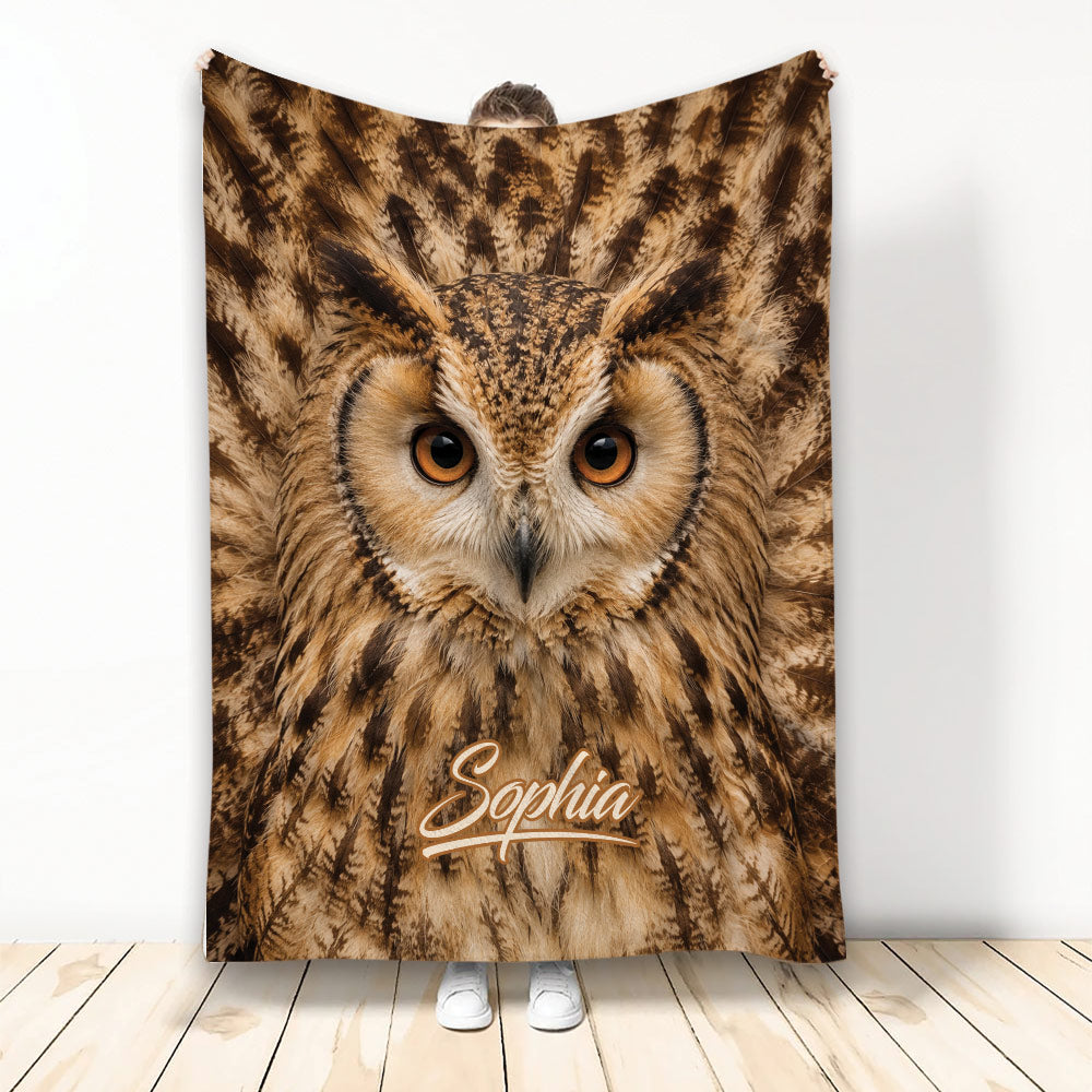 Owl throw blanket displayed upright with detailed brown feathers and large golden eyes