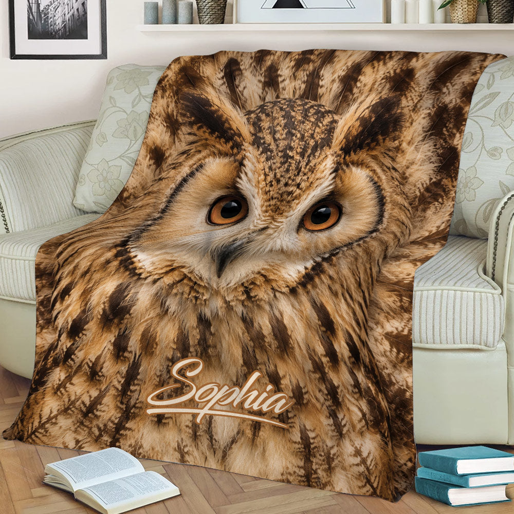 Close-up owl blanket featuring realistic feather details and warm brown wildlife artwork