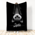 Black bat throw blanket displayed upright with a detailed upside-down bat illustration