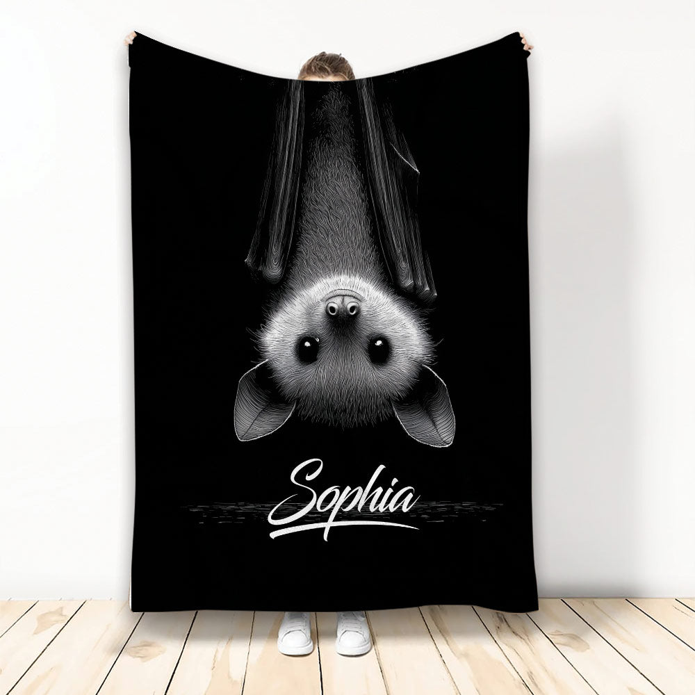 Black bat throw blanket displayed upright with a detailed upside-down bat illustration
