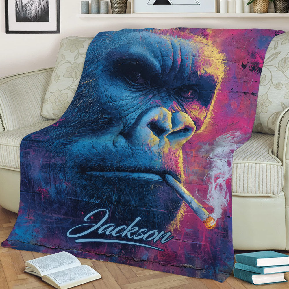Close lifestyle view of a colorful gorilla blanket draped over a living room couch