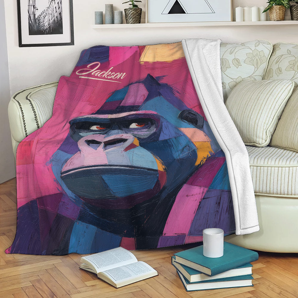 Colorful gorilla throw blanket draped over a sofa in a cozy living room