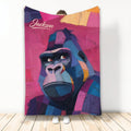 Colorful abstract gorilla portrait blanket displayed in a full-length lifestyle setting