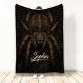 Custom spider throw blanket with a detailed brown tarantula design on a dark web background