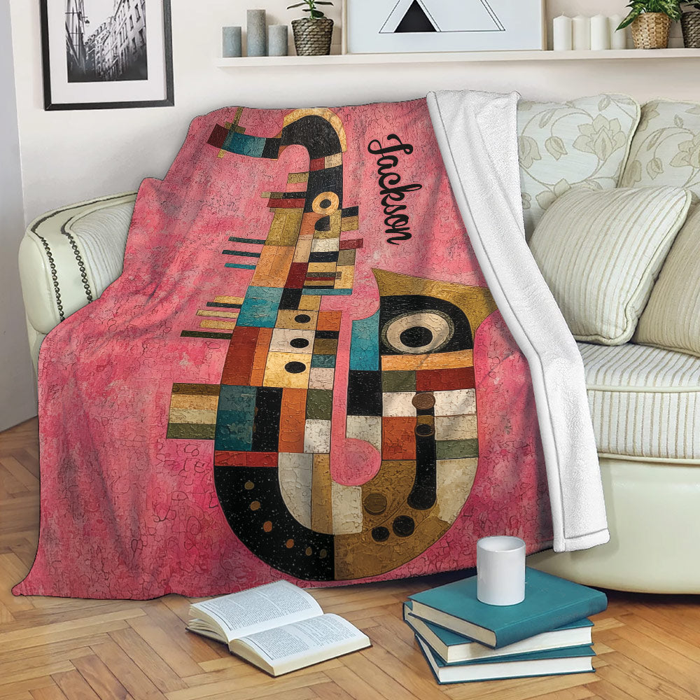 Colorful saxophone throw blanket draped over a sofa in a cozy living room