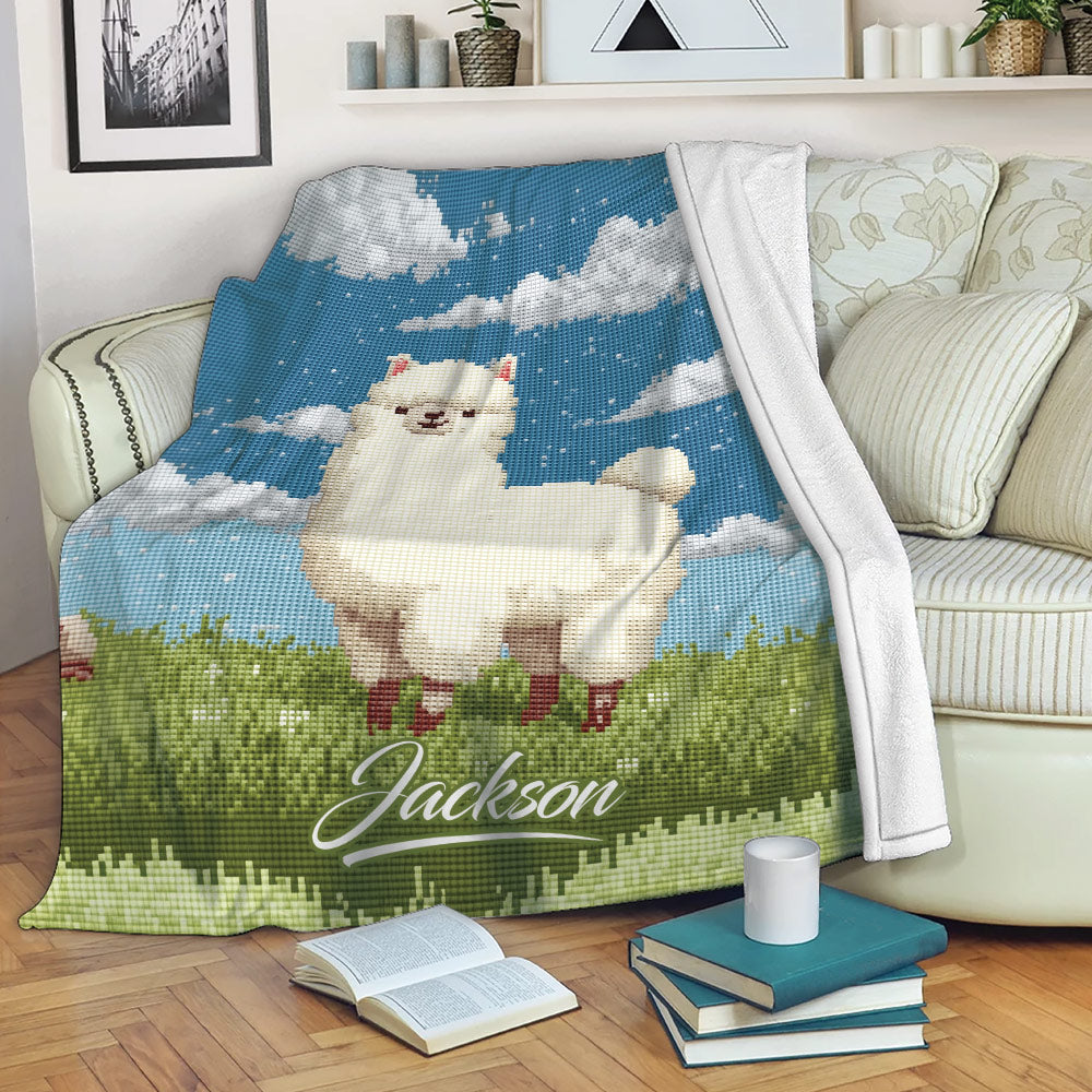 Llama blanket draped over a sofa with whimsical blue sky, cloud, and meadow artwork