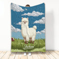 Llama throw blanket featuring pixel-style artwork with a white llama, blue sky, clouds, and green meadow