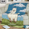 Cozy llama throw blanket displayed on a couch with colorful outdoor pixel-style artwork